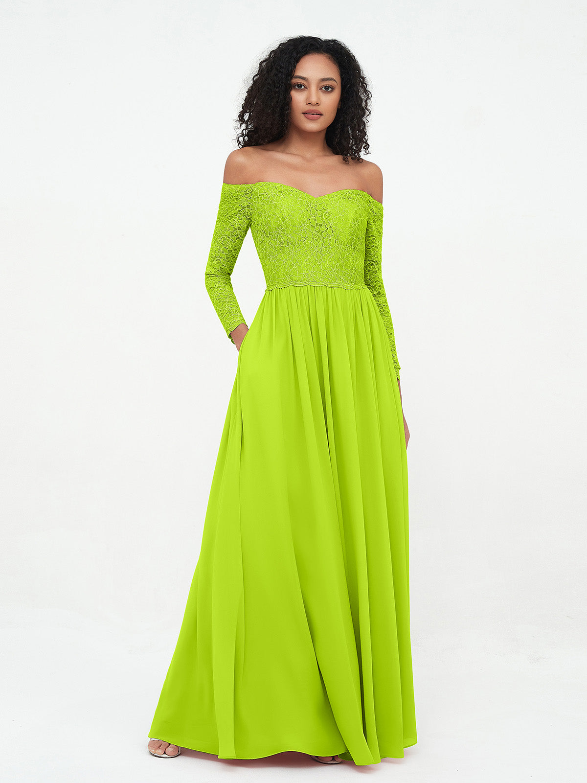 BABARONI Lace Chiffon Lime Green Bridesmaid Dresses A-line Sweetheart Long Sleeve Floor-length BABARONI UK BABARONI Lace Chiffon Lime Green Bridesmaid Dresses A-line Sweetheart Long Sleeve Floor-length BABARONI UK