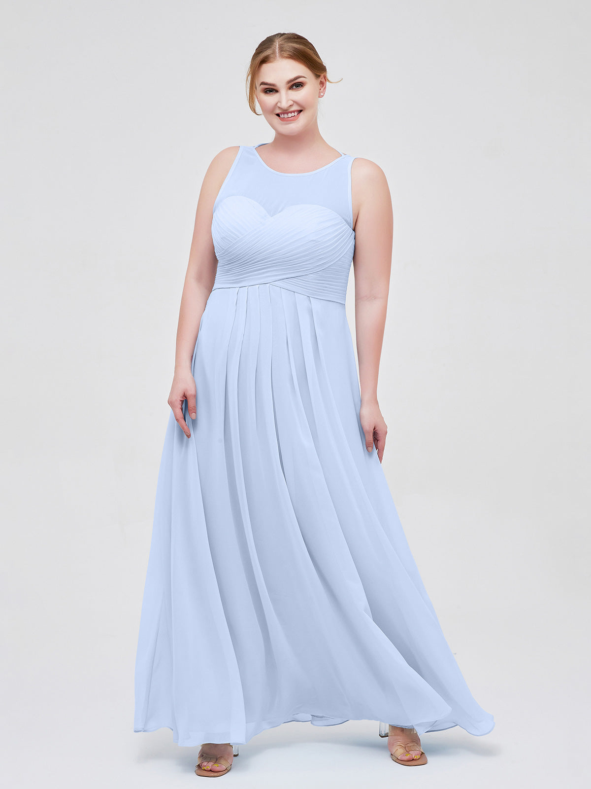 Full Length Chiffon Gowns with Illusion Neck Sky Blue Plus Size | BABARONI   BABARONI UK