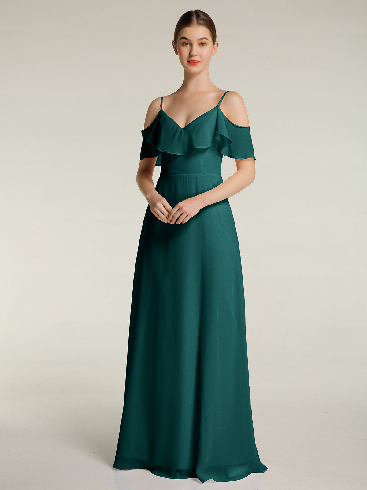 V-neck Chiffon Bridesmaid Gowns with Spaghetti Straps Peacock
