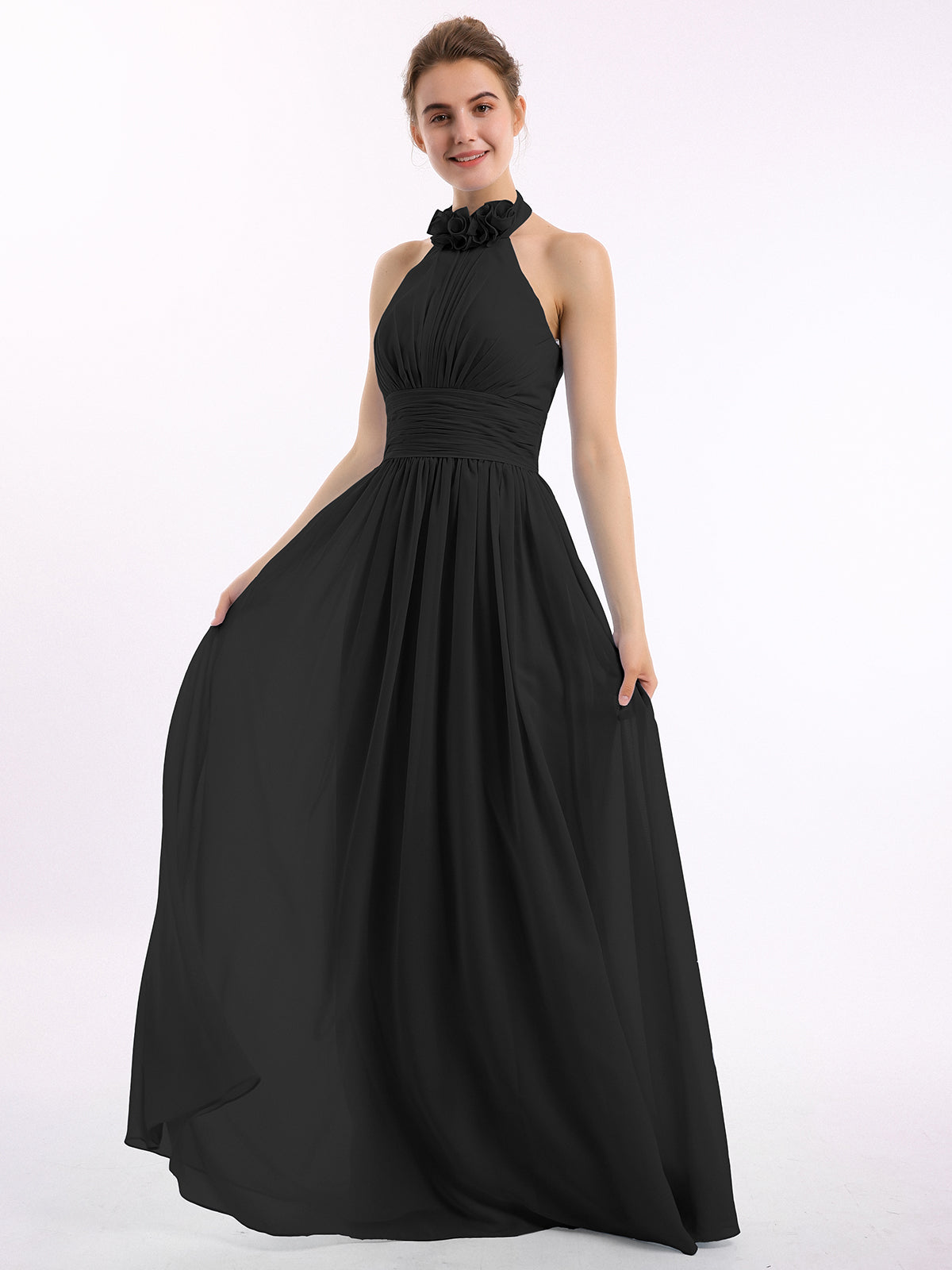Long Halter Chiffon Dresses of Bridesmaid Black