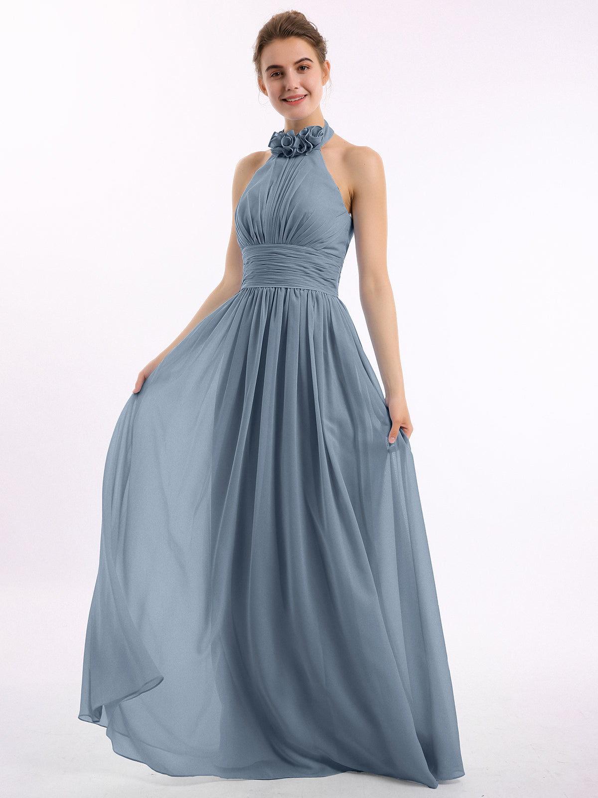 Long Halter Chiffon Gown with 3D Floral Neck Grape