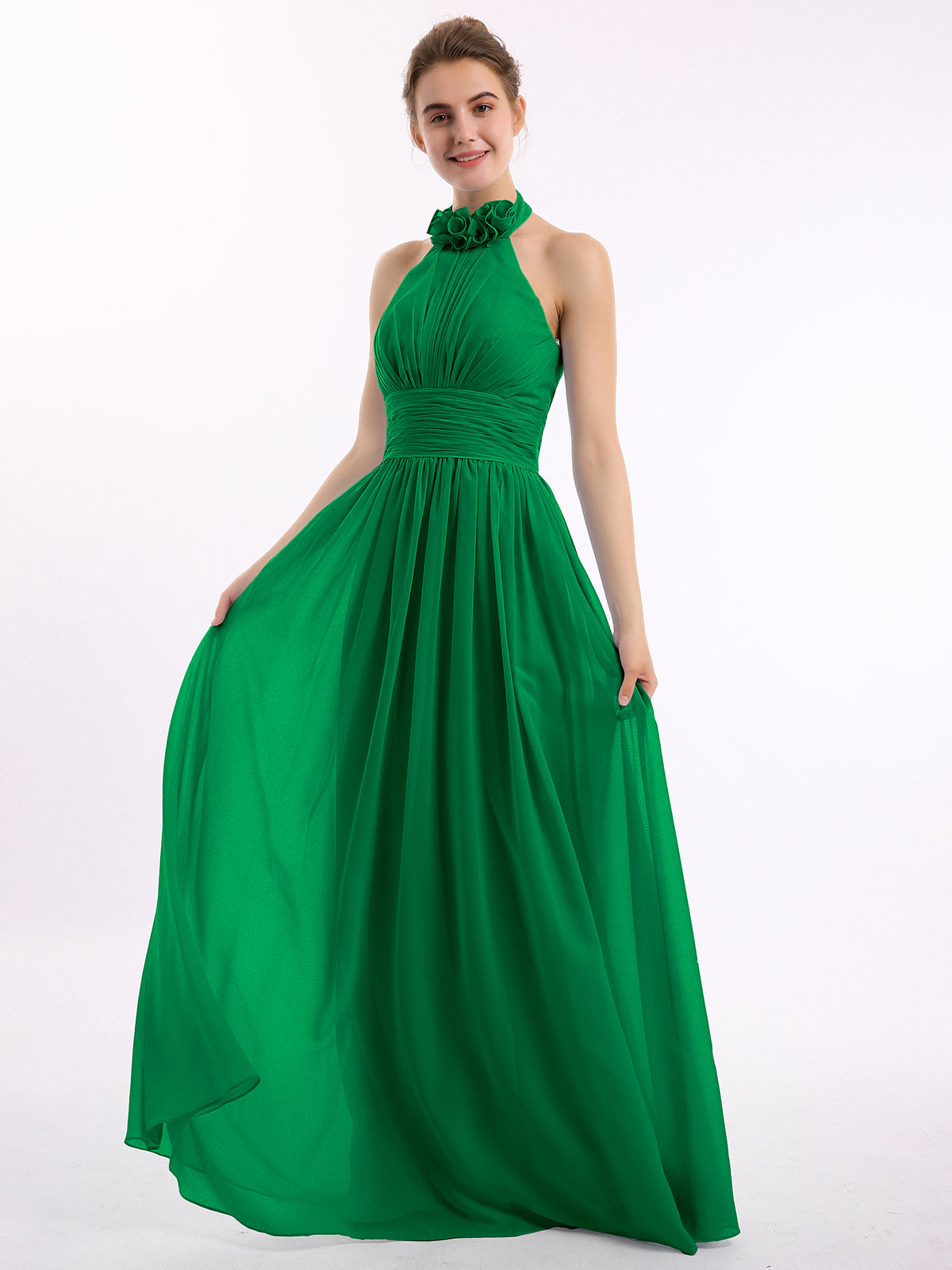 Long Halter Chiffon Gown with 3D Floral Neck Taupe
