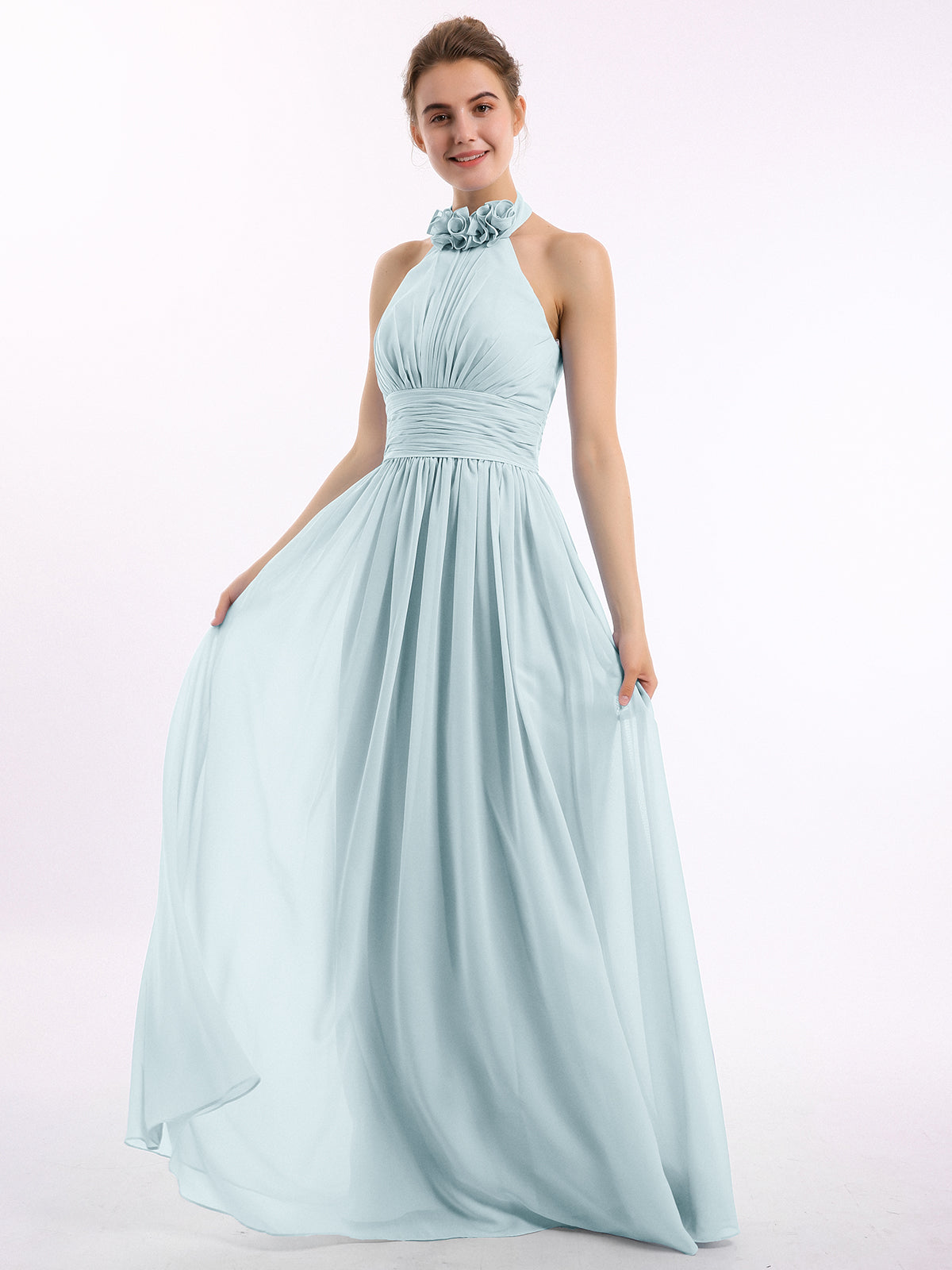 Long Halter Chiffon Gown with 3D Floral Neck Coral