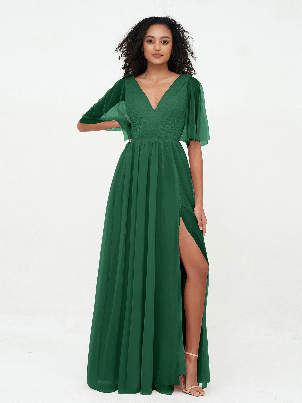 V-neck Long Tulle Dresses with Slit Dark Green | BABARONI ??? BABARONI UK