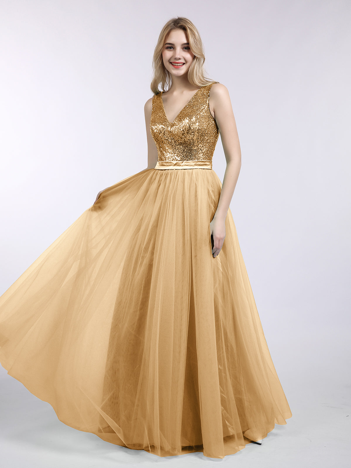 BABARONI Sequin Gold Bridesmaid Dresses A-line V-neck Sleeveless Floor-length BABARONI UK BABARONI Sequin Gold Bridesmaid Dresses A-line V-neck Sleeveless Floor-length BABARONI UK