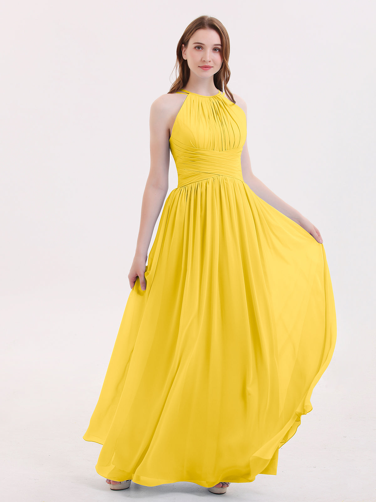Long Halter Chiffon Dress with Back Double Straps Tangerine