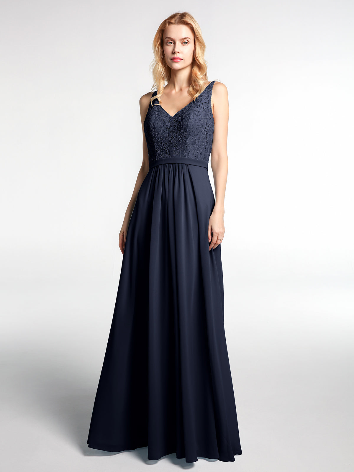 Lace Top Chiffon Skirt Maxi V-neck Dress Ink Blue