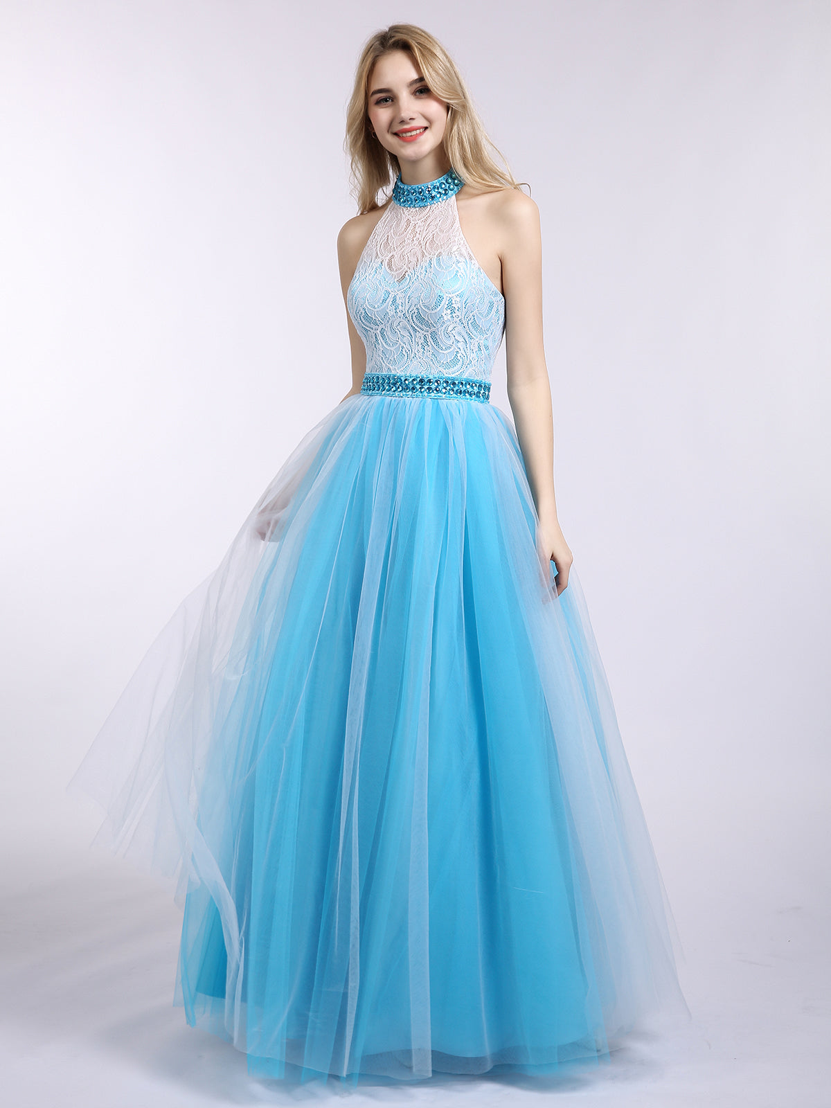 Light blue hotsell halter prom dress