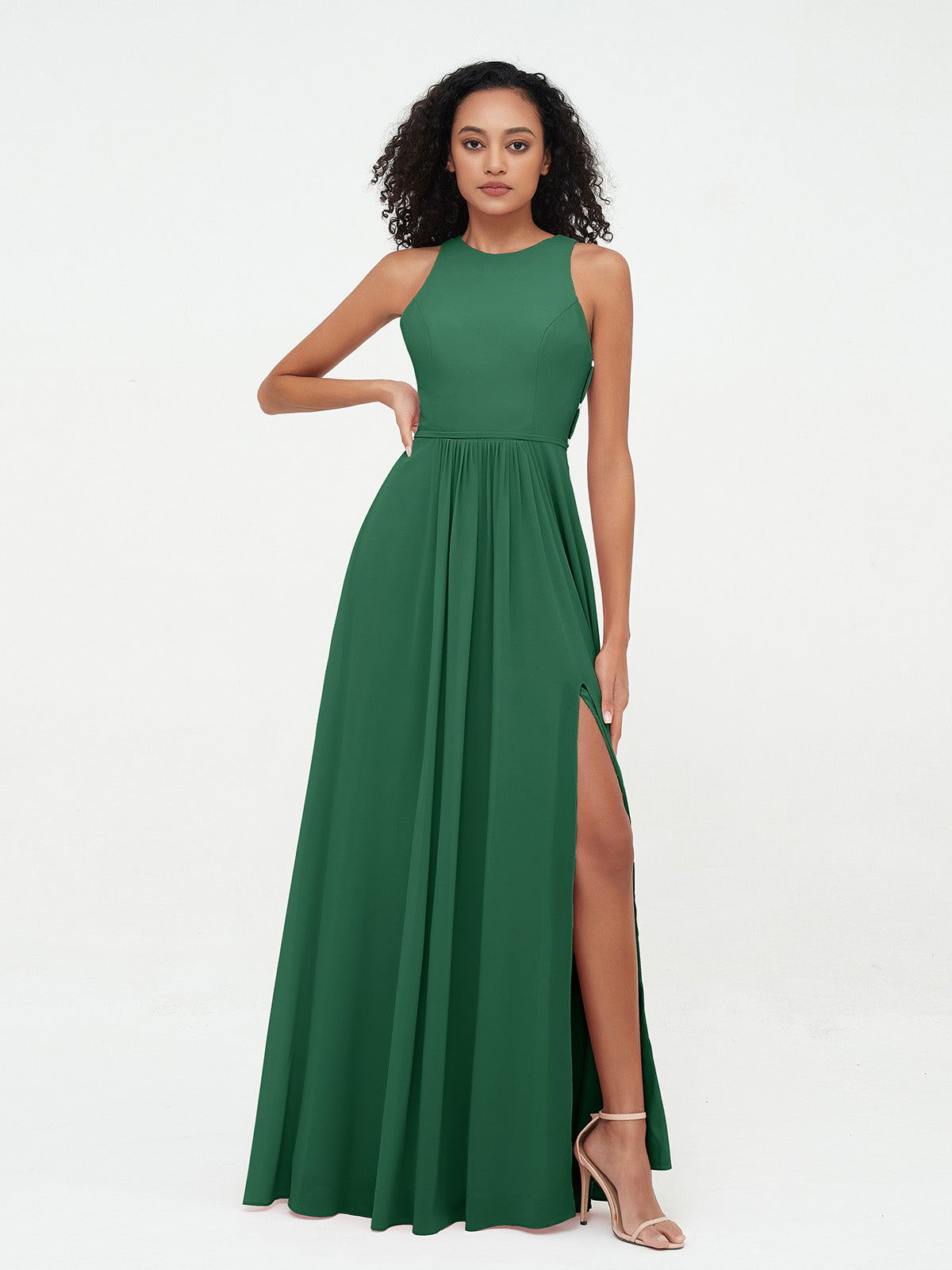 Halter Neck Max Chiffon Dresses with Slit Dark Green BABARONI