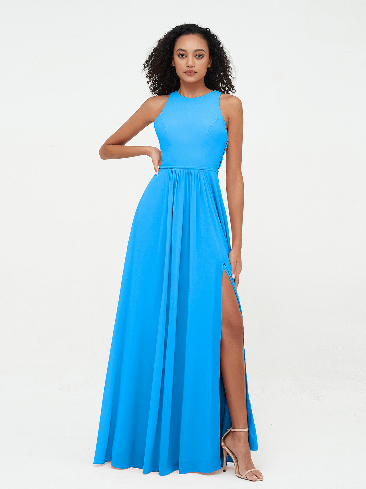 Halter Long Chiffon Dress with Open Back Ocean Blue main image 1
