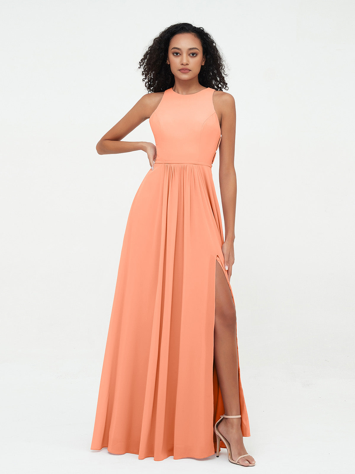 Long Halter Chiffon Dress with Back Double Straps Papaya Plus Size