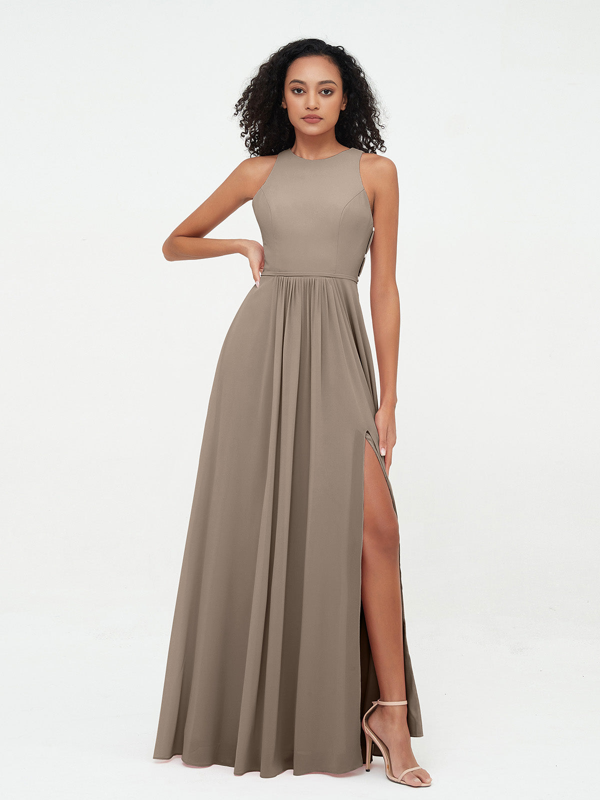 Halter Neck A-Line Chiffon Sleeveless Bow Dresses Terracotta