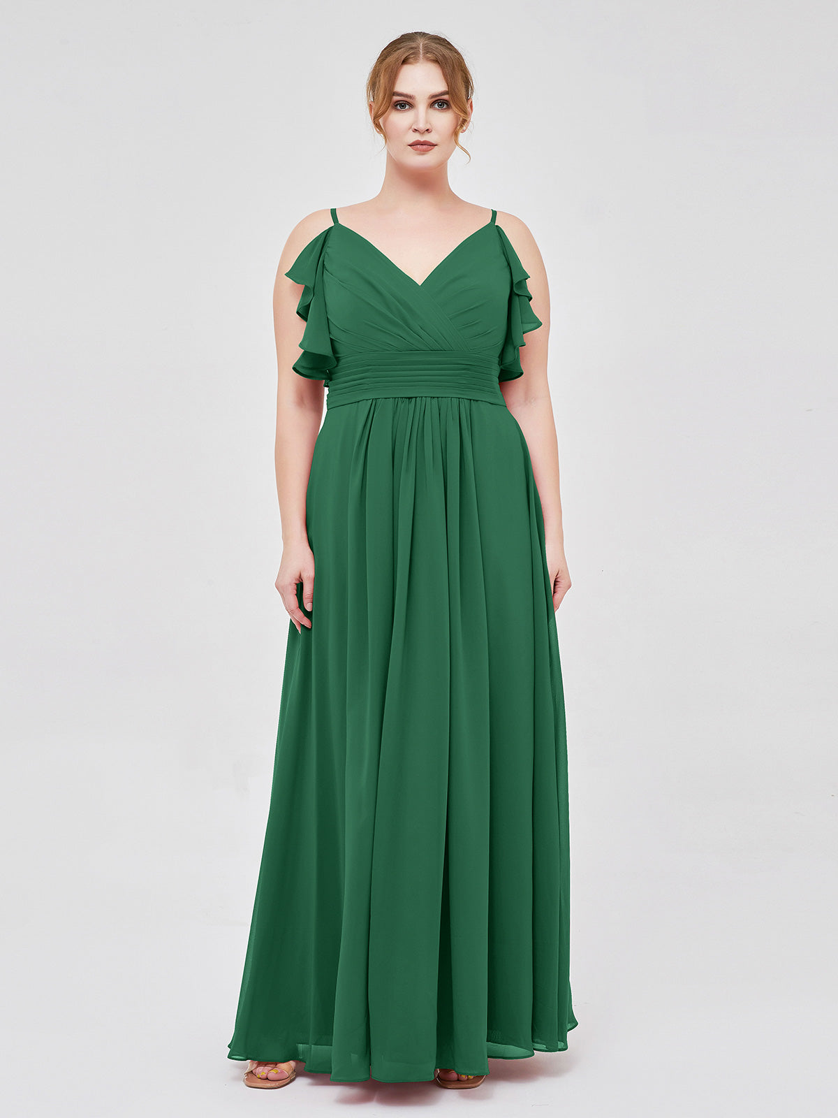 BABARONI Chiffon Dark Green Bridesmaid Dresses A-line V-neck Spaghetti  Straps Floor-length – BABARONI UK
