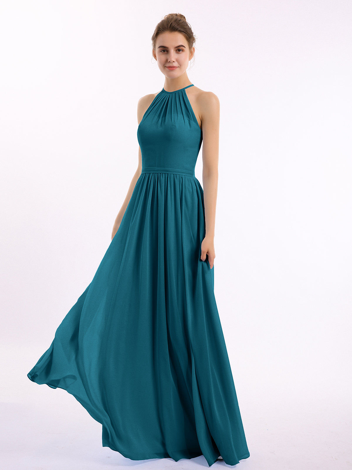 BABARONI Chiffon Ink Blue Bridesmaid Dresses A-line Halter Sleeveless  Floor-length – BABARONI UK