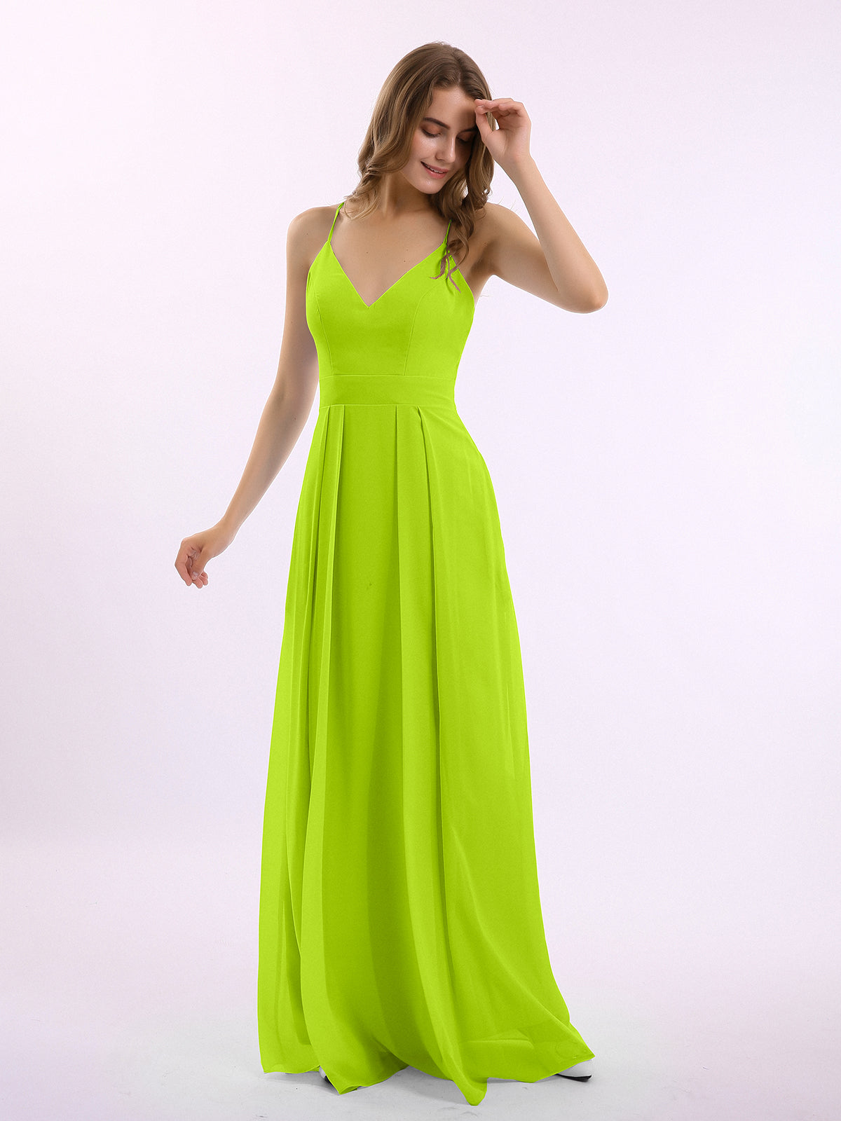 Spaghetti Strap Chiffon Gowns with Pockets and V Neck Lime Green