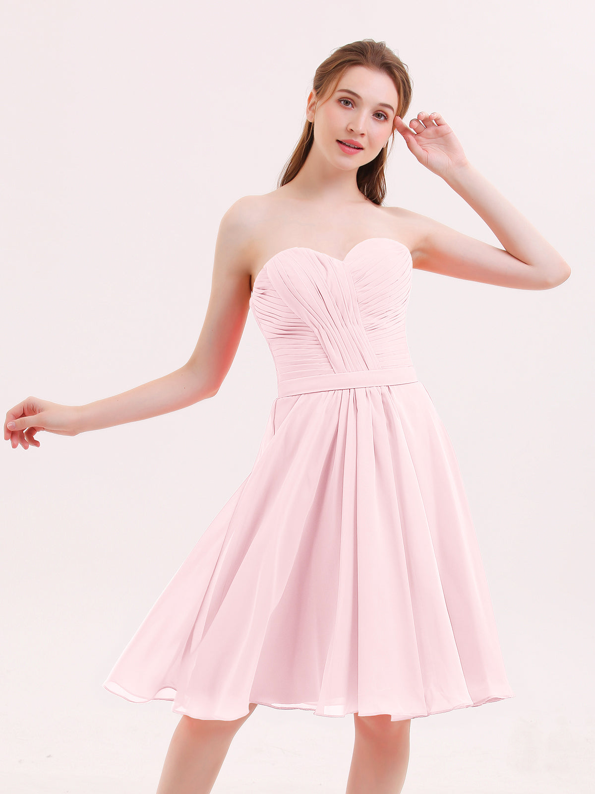 BABARONI Chiffon Blushing Pink Bridesmaid Dresses A-line Sweetheart  Sleeveless Knee-length – BABARONI UK
