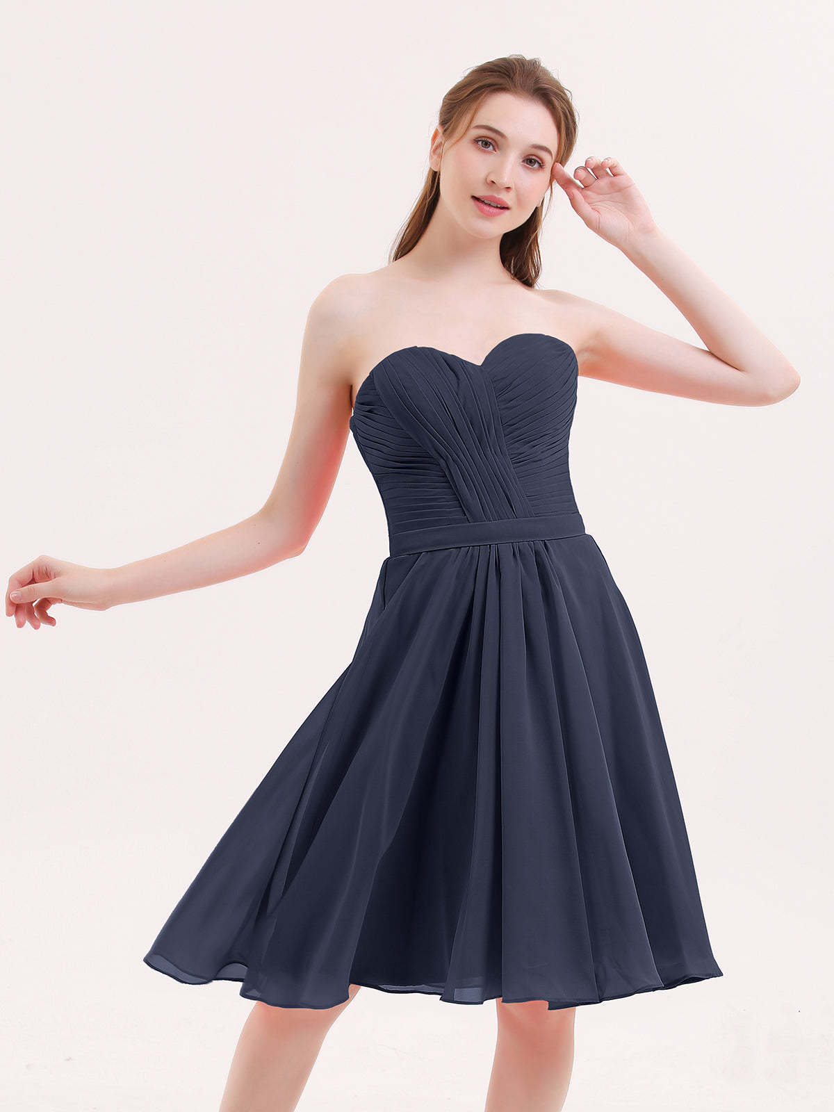 BABARONI Chiffon Dark Navy Bridesmaid Dresses A-line Sweetheart Sleeveless  Knee-length – BABARONI UK