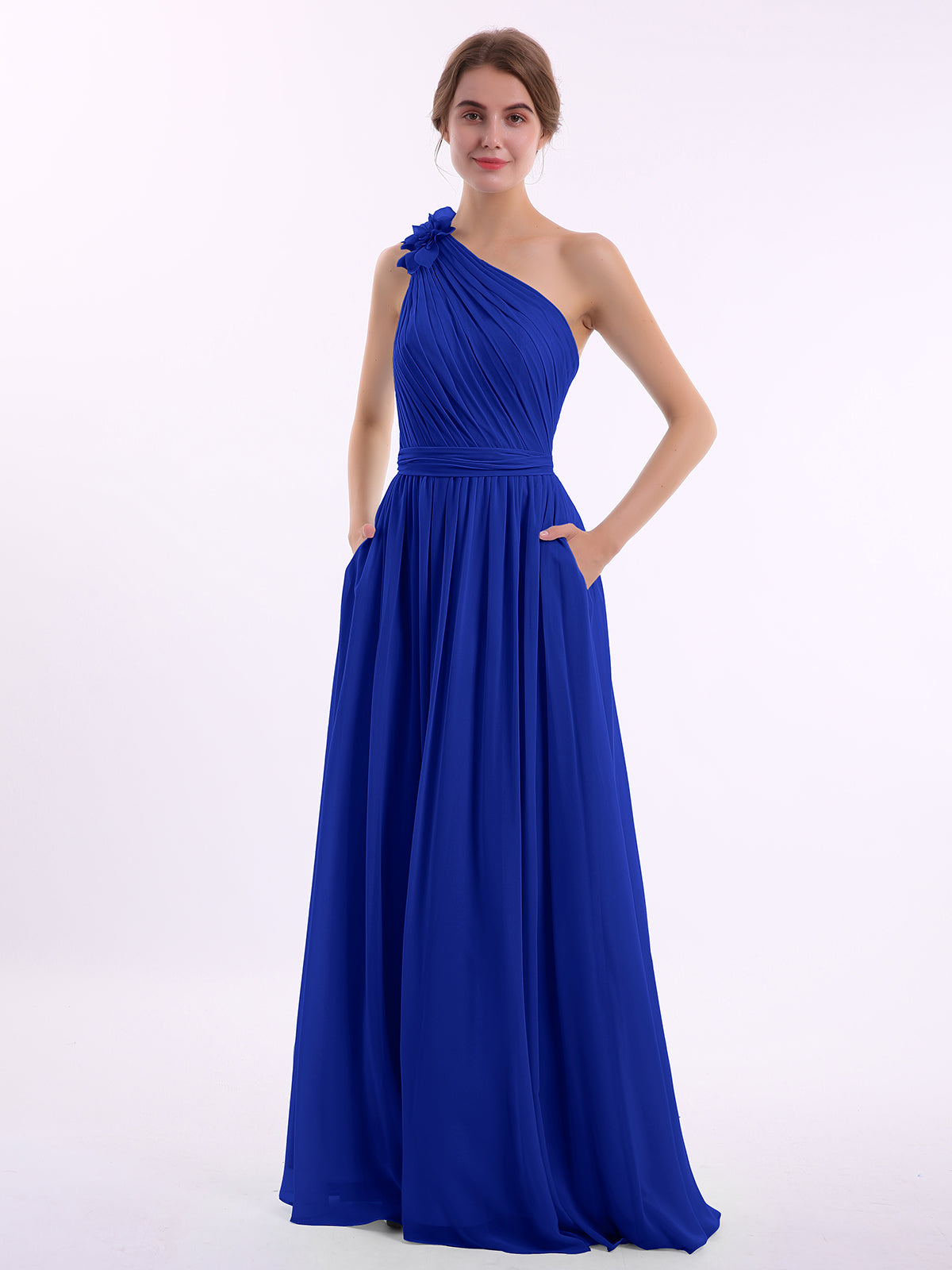 One Shoulder Flower Attached Chiffon Gown with Pockets Royal Blue - Royal Blue / UK4 One Shoulder Flower Attached Chiffon Gown with Pockets Royal Blue - Royal Blue / UK4
