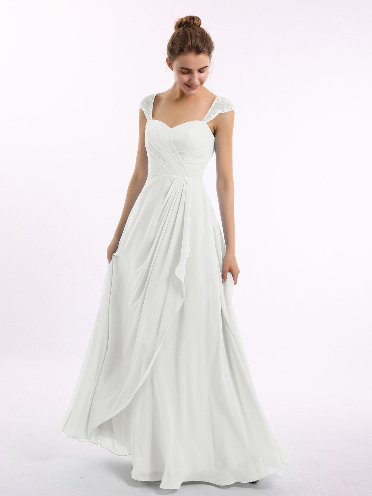 Long Chiffon Bridesmaid Gown with Lace Cap Sleeves Ivory Ivory UK4