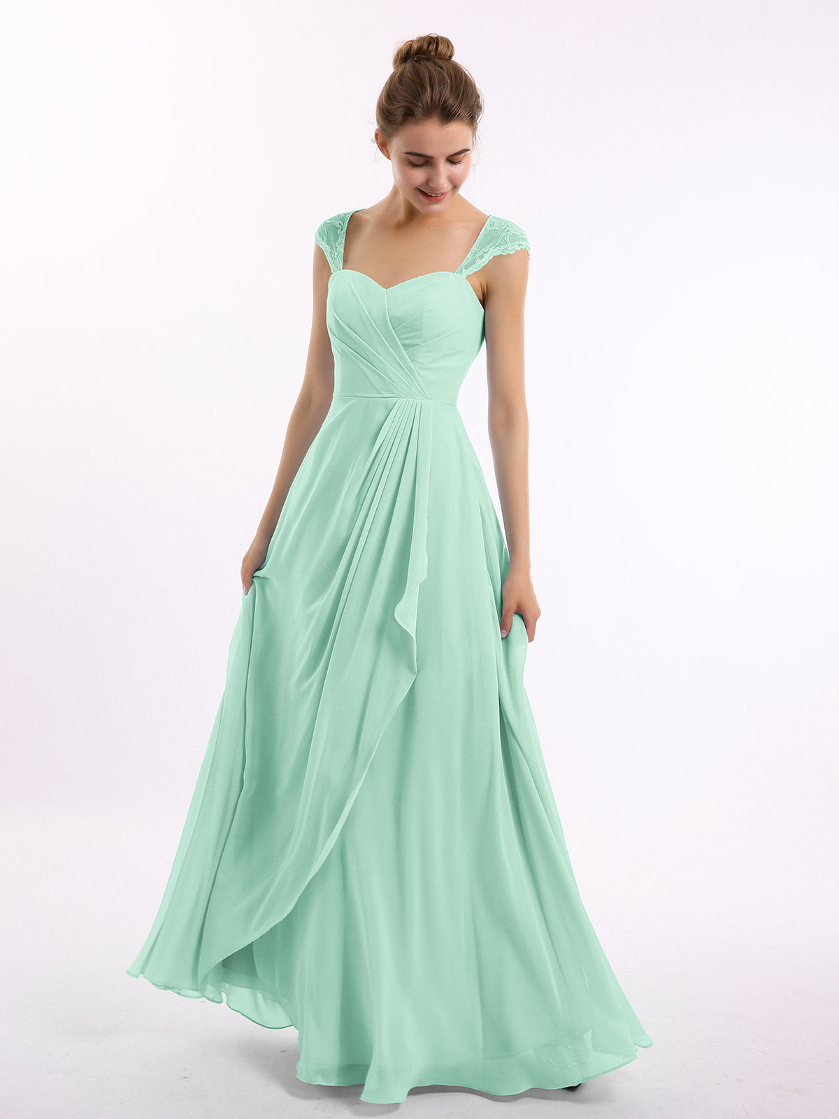 mint green bridesmaid dresses uk Mint Green Cowl Neck Ruched Slit Sheath Chiffon Bridesmaid Dress