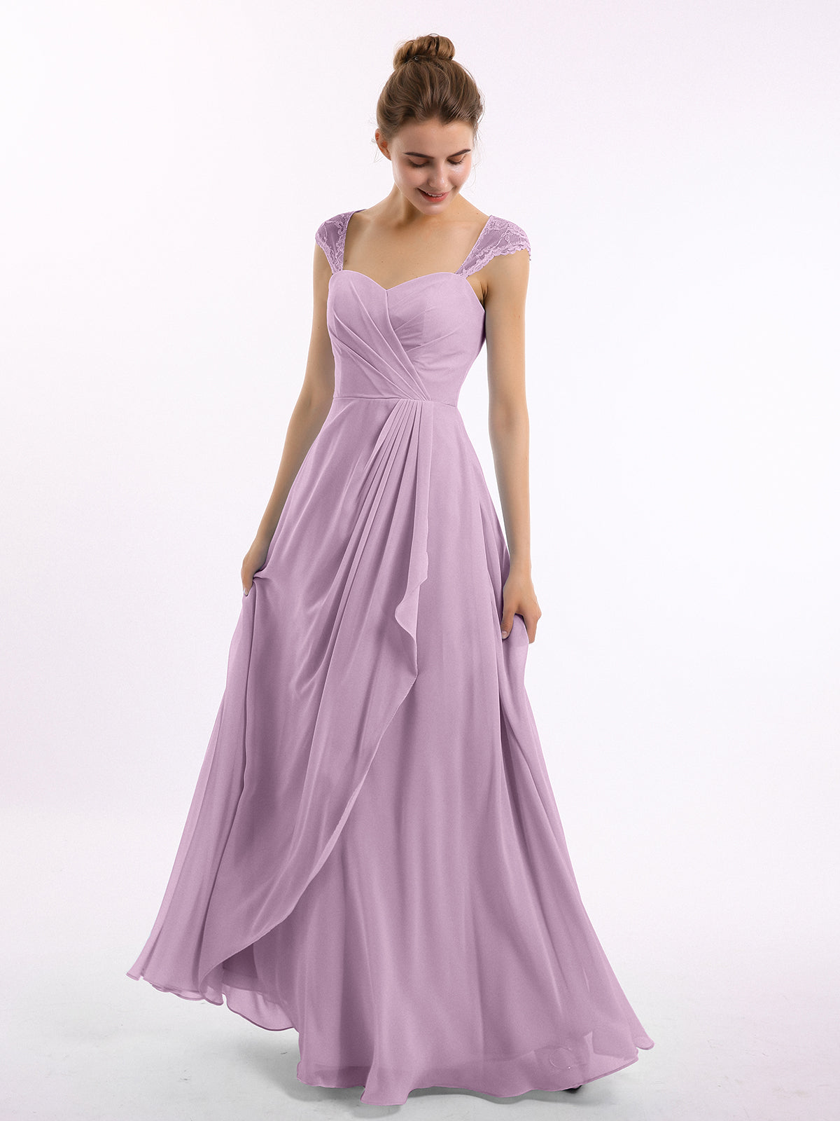 BABARONI Chiffon Wisteria Bridesmaid Dresses A-line Sweetheart Cap Sleeve Floor-length – BABARONI UK