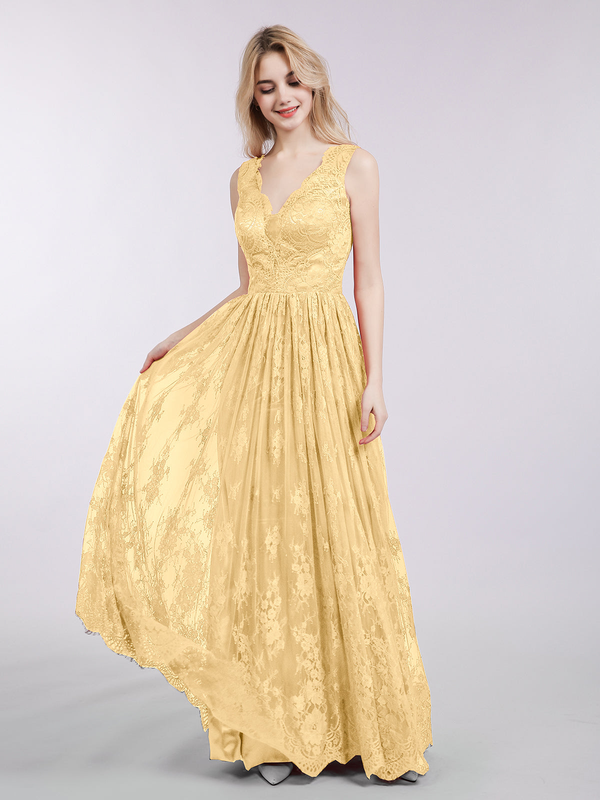 BABARONI Lace Gold Prom Dresses A-line V-neck Floor-length Sleeveless –  BABARONI UK