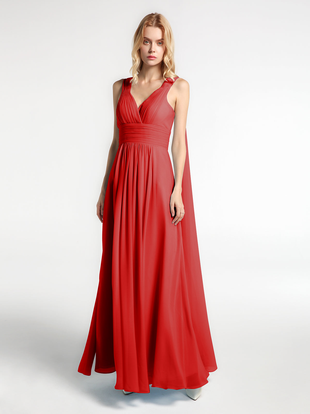 V Neck Chiffon Dress with Streamer at Back Strap Red Plus Size