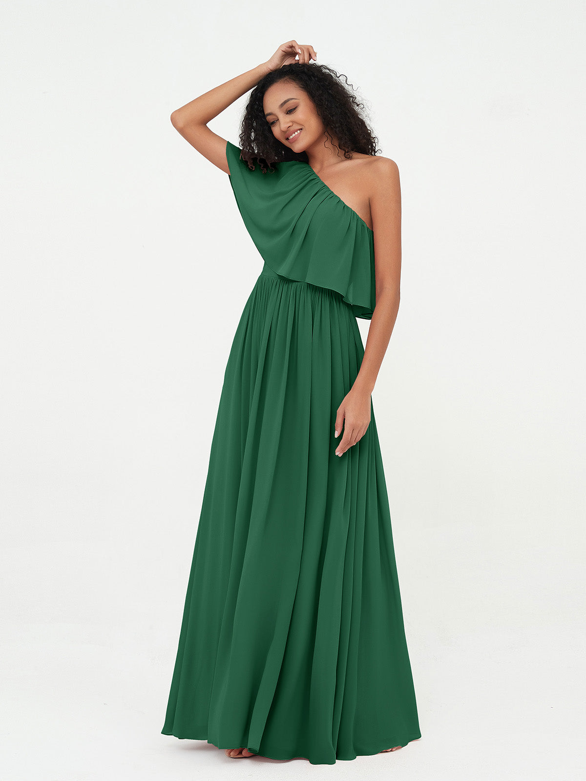 BABARONI Chiffon Dark Green Bridesmaid Dresses A-line One Shoulder  Sleeveless Floor-length – BABARONI UK