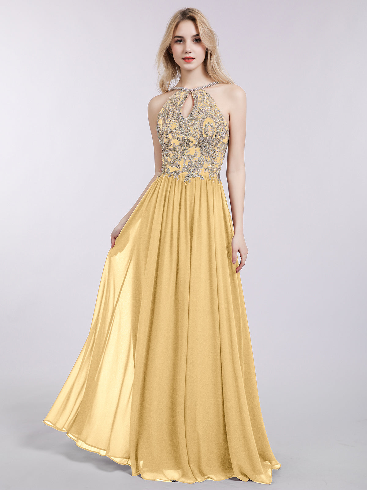 Gold Lace Appliqued Long Chiffon Dresses Mint Green