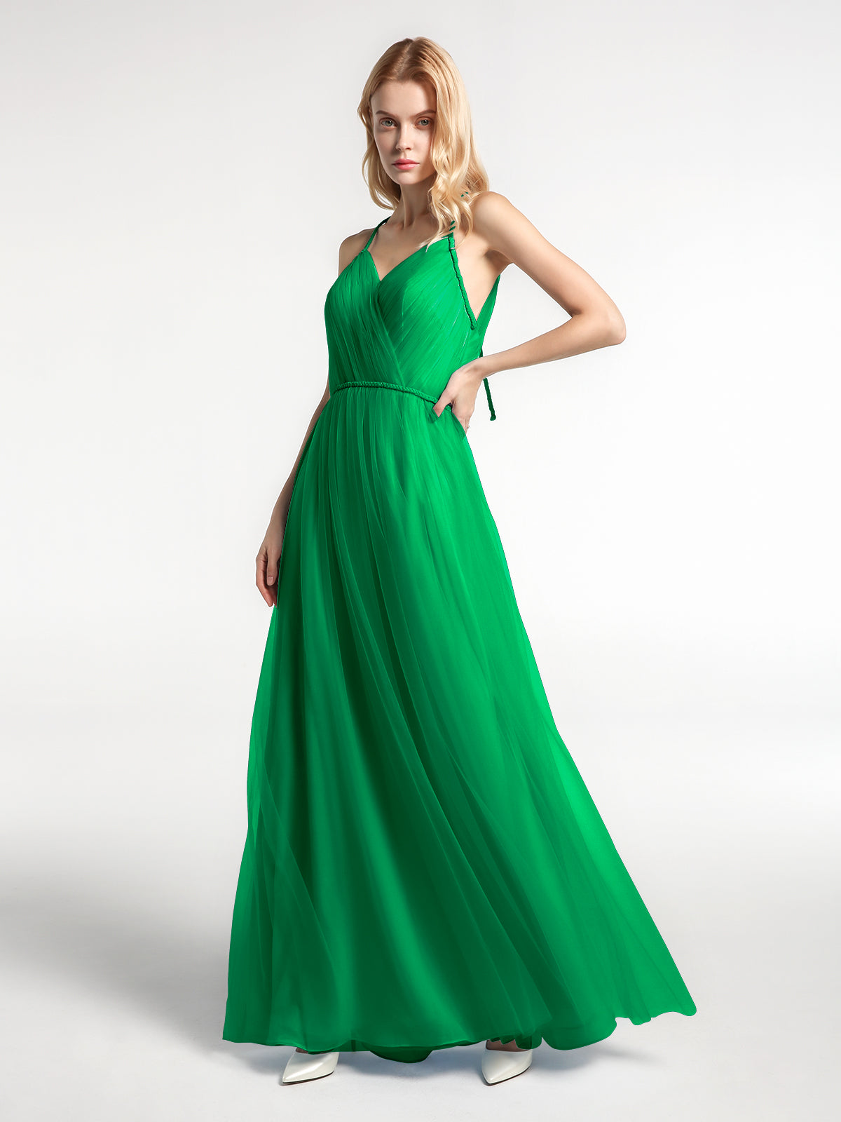 BABARONI Tulle Emerald Bridesmaid Dresses A-line V-neck Spaghetti Straps  Floor-length – BABARONI UK