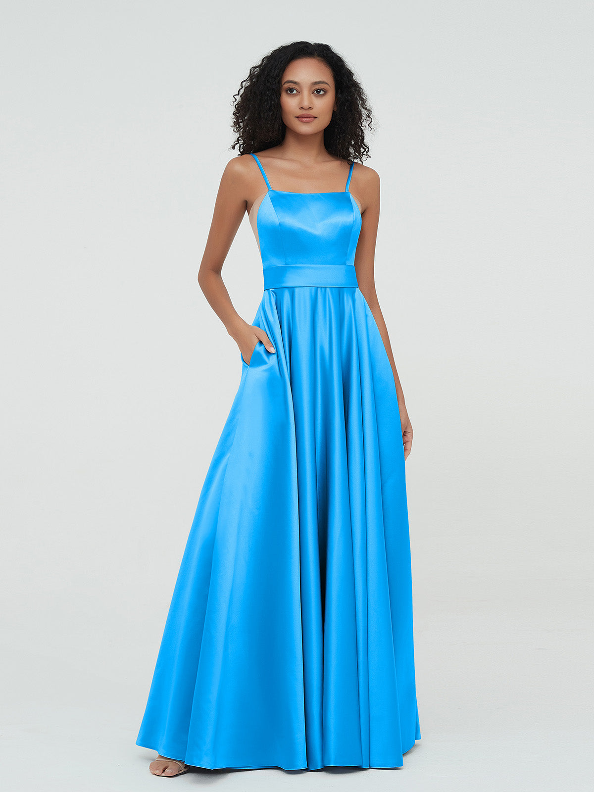 Spaghetti Strap Midi Velvet Dresses with Pockets Ocean Blue Plus Size main image 0