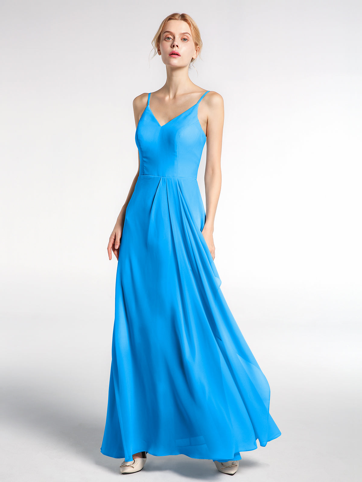 V-neck Chiffon Dresses with Satin Sash Bow Ocean Blue Plus Size