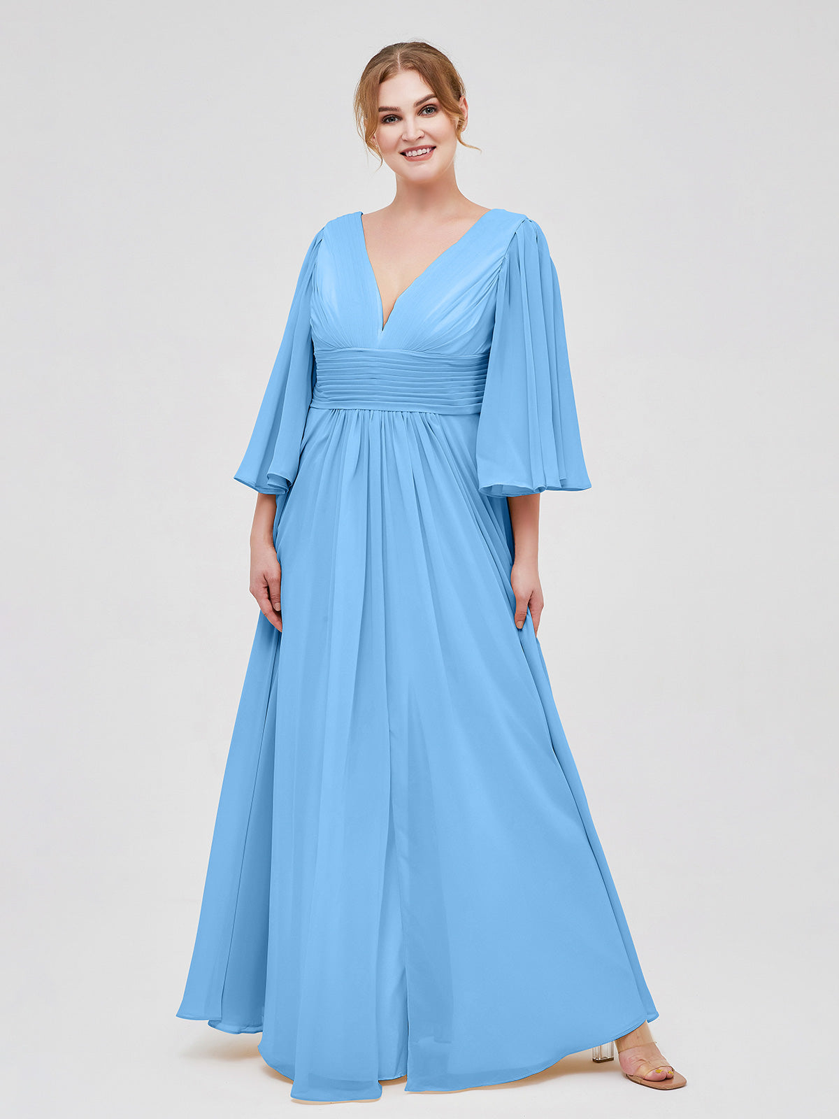 Long Queen's Gown Chiffon Dress with Slit and V Neck Blue Plus