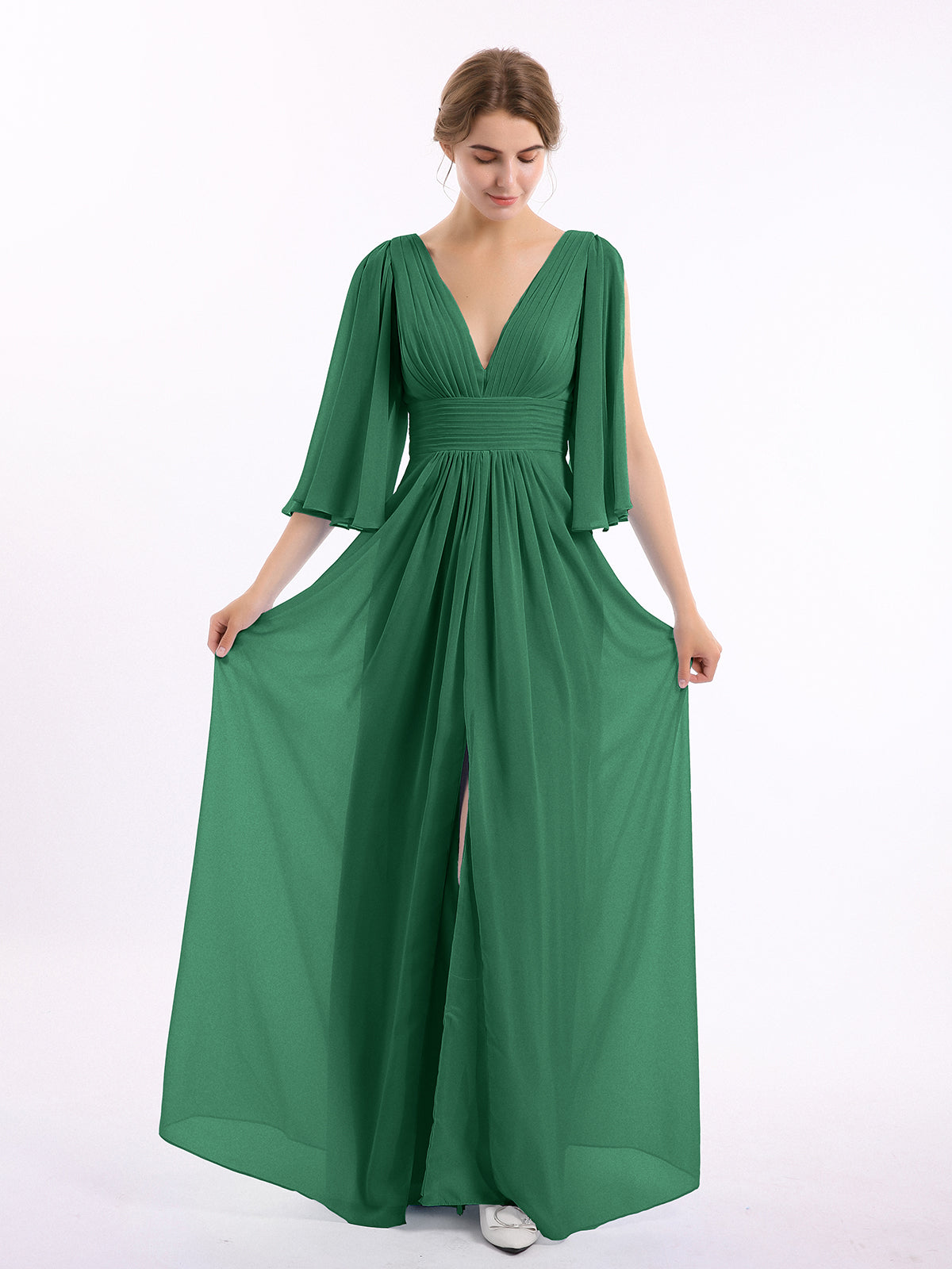 Long Queen's Gown Chiffon Dress with Slit and V Neck Dark Green
