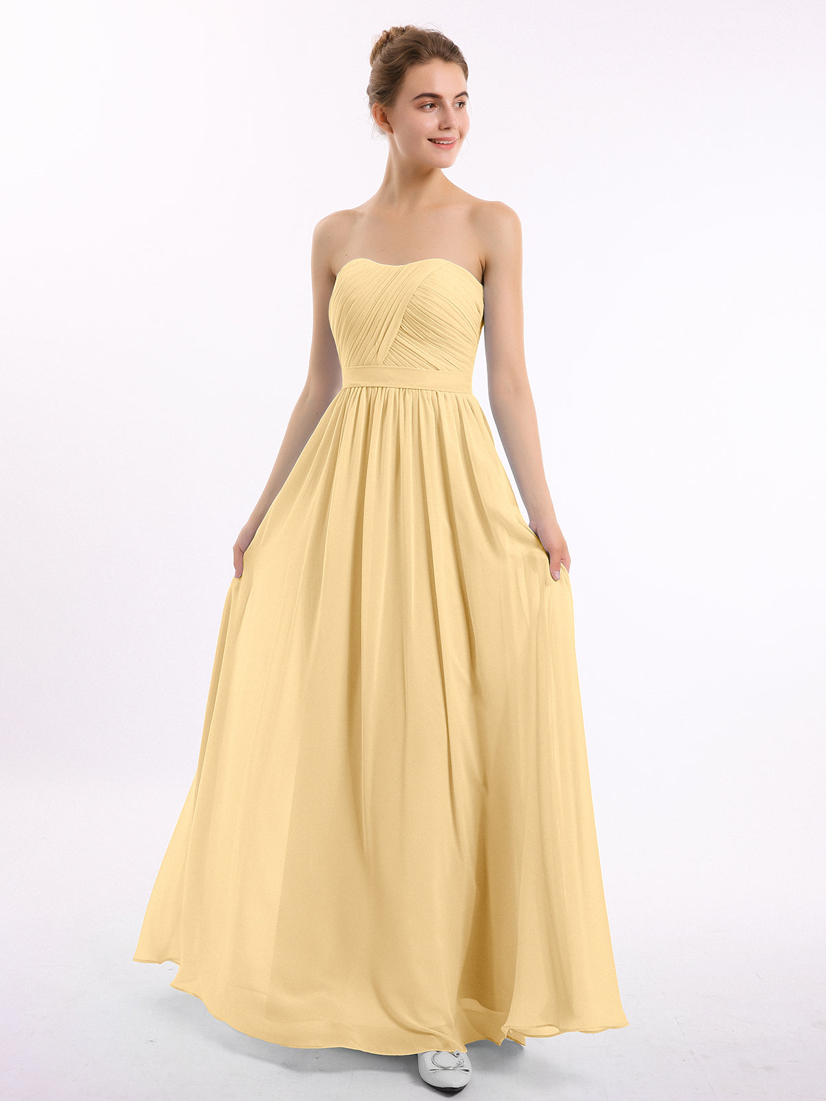 Long strapless chiffon clearance dress and pleated bodice