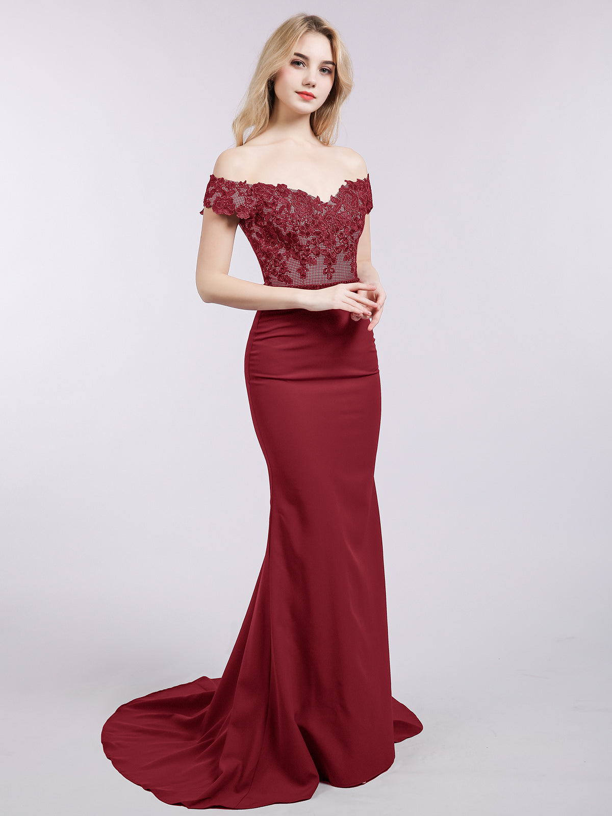BABARONI Satin Burgundy Prom Dresses Trumpet/Mermaid Off-the-shoulder  Appliqued Short – BABARONI UK