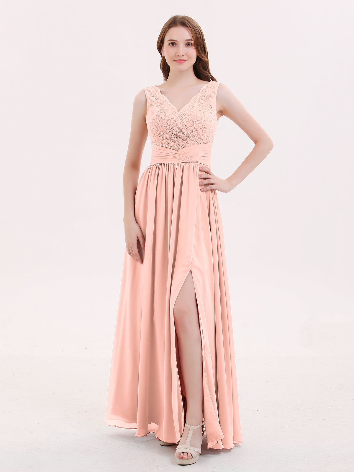 BABARONI Chiffon Lace Coral Bridesmaid Dresses A-line V-neck Sleeveless  Floor-length With Slit – BABARONI UK