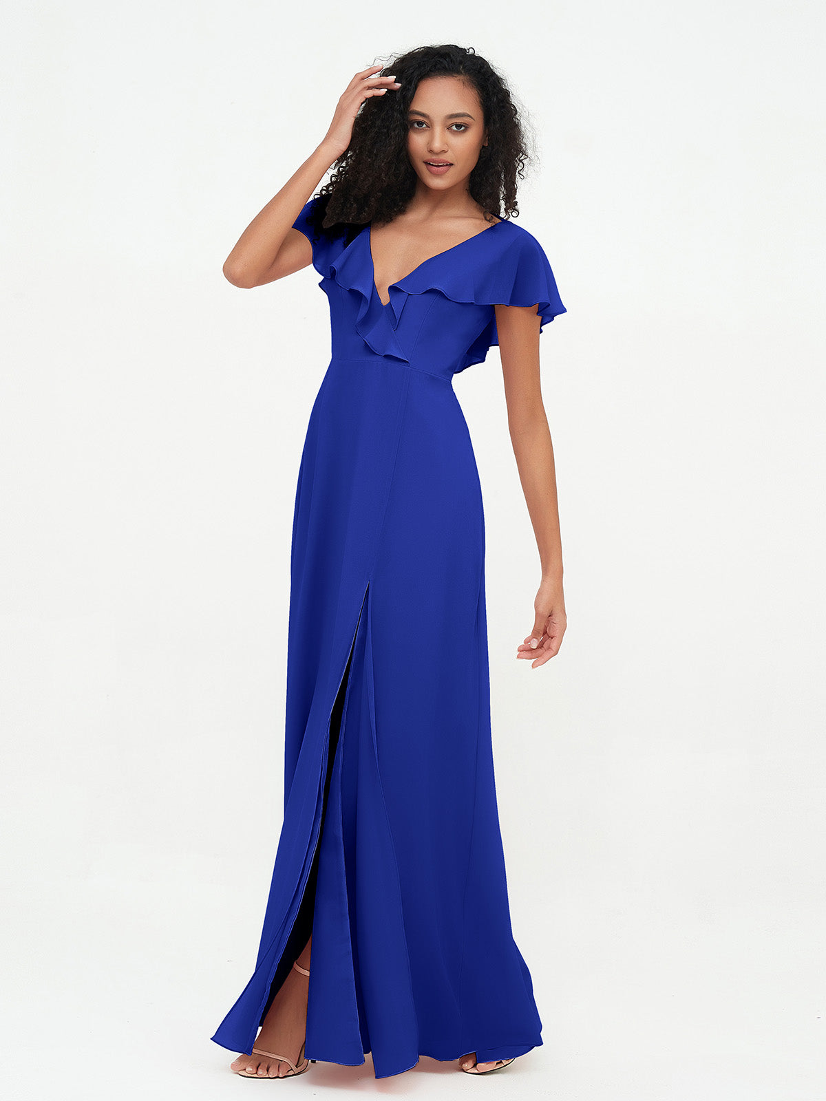 Deep V Neck Chiffon Low Back Dresses Slate Blue main image 1
