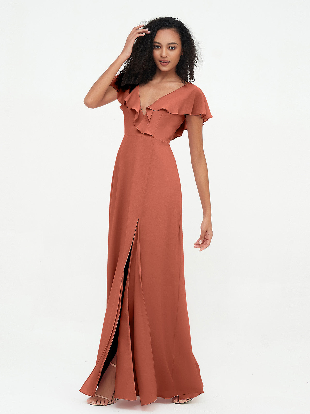 Deep V Neck Chiffon Dresses with Slit Pockets Rust BABARONI BABARONI UK