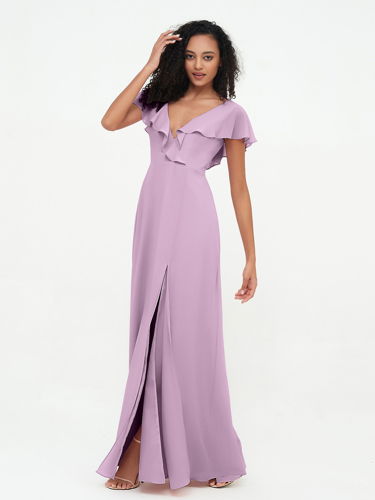 Deep-V Neck Chiffon Dresses with Slit Pockets Taupe