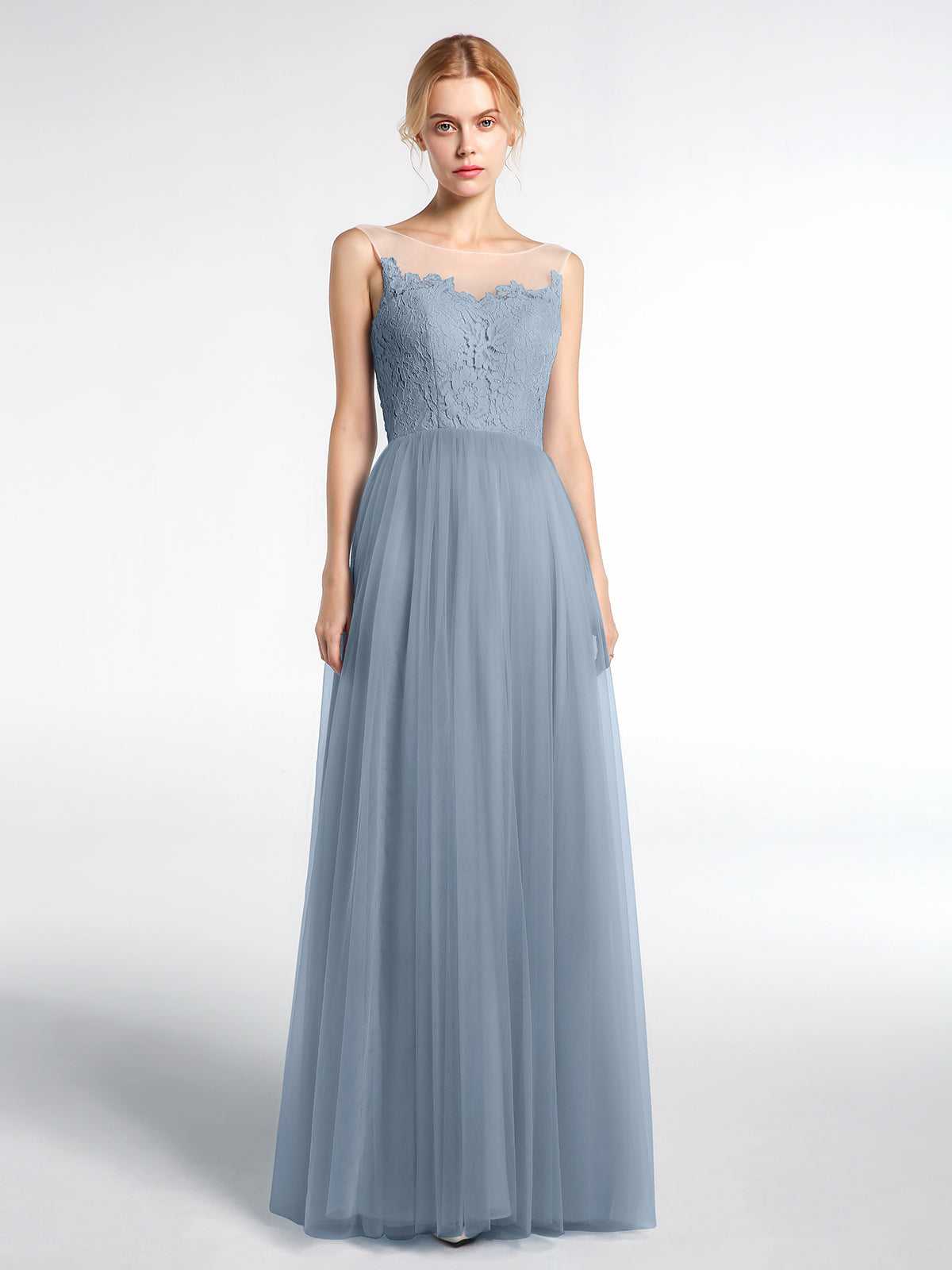 BABARONI Lace Tulle Dusty Blue Bridesmaid Dresses A-line Illusion