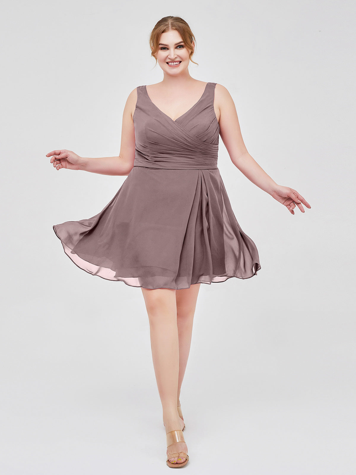 Short Chiffon V Neckline Bridesmaid Gowns Vintage Mauve Plus Size Vintage Mauve UK22