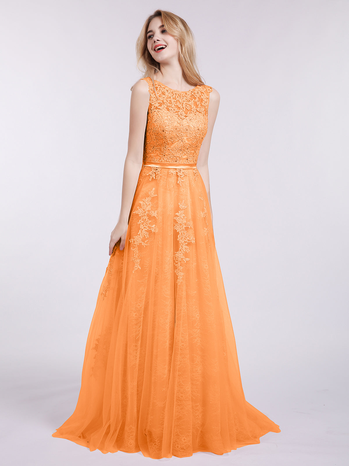 BABARONI Tulle Lace Orange Prom Dresses A-line Scoop Appliqued Sleeveless –  BABARONI UK
