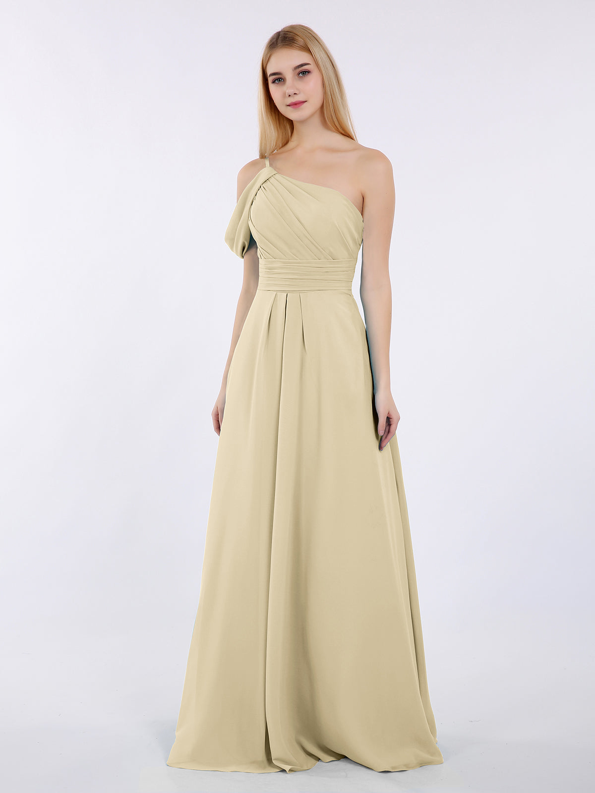 BABARONI Chiffon Champagne Bridesmaid Dresses A-line One Shoulder Straps  Floor-length – BABARONI UK