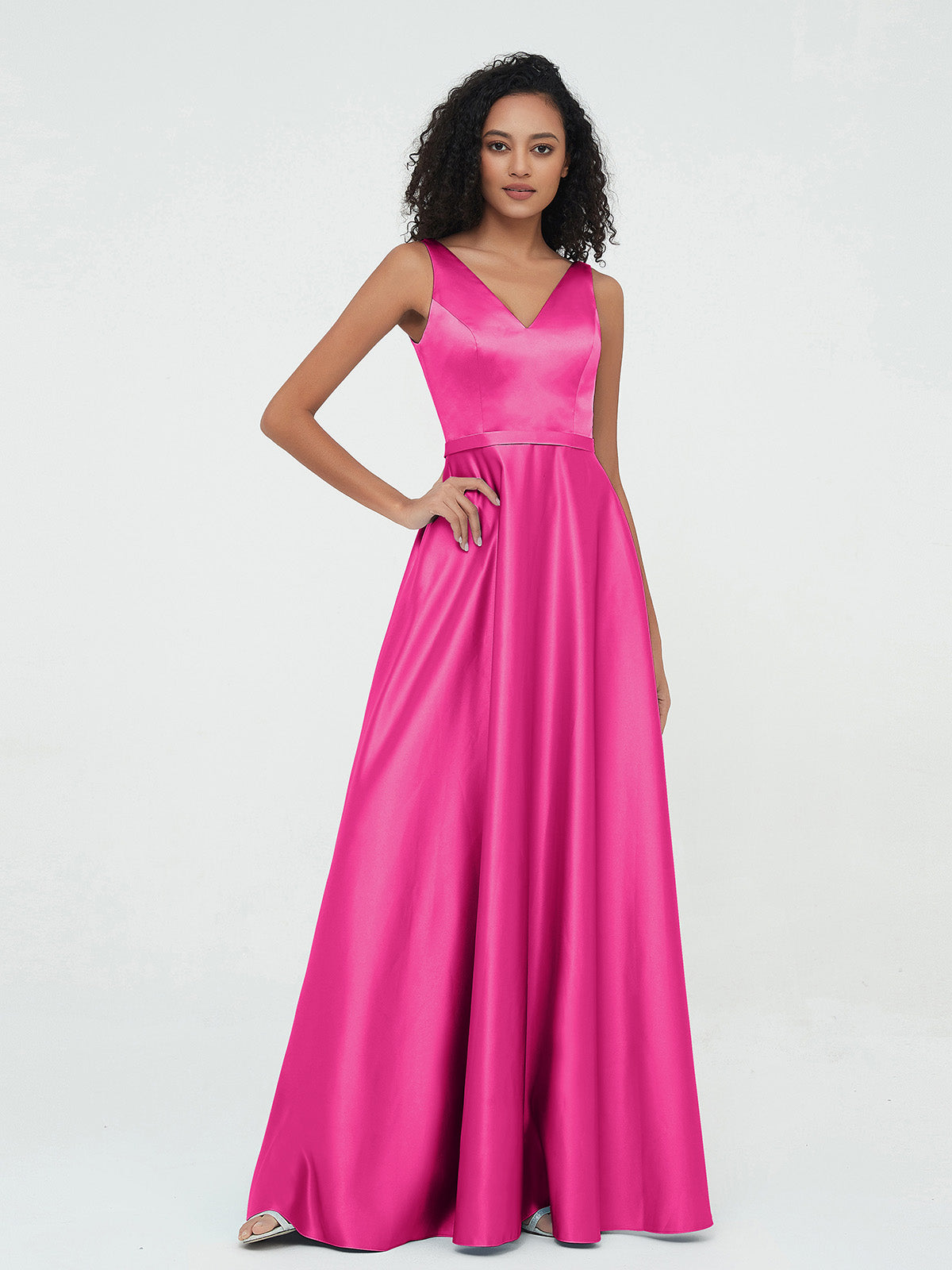 BABARONI Satin Fuchsia Bridesmaid Dresses A-line V-neck Sleeveless Floor-length – BABARONI UK