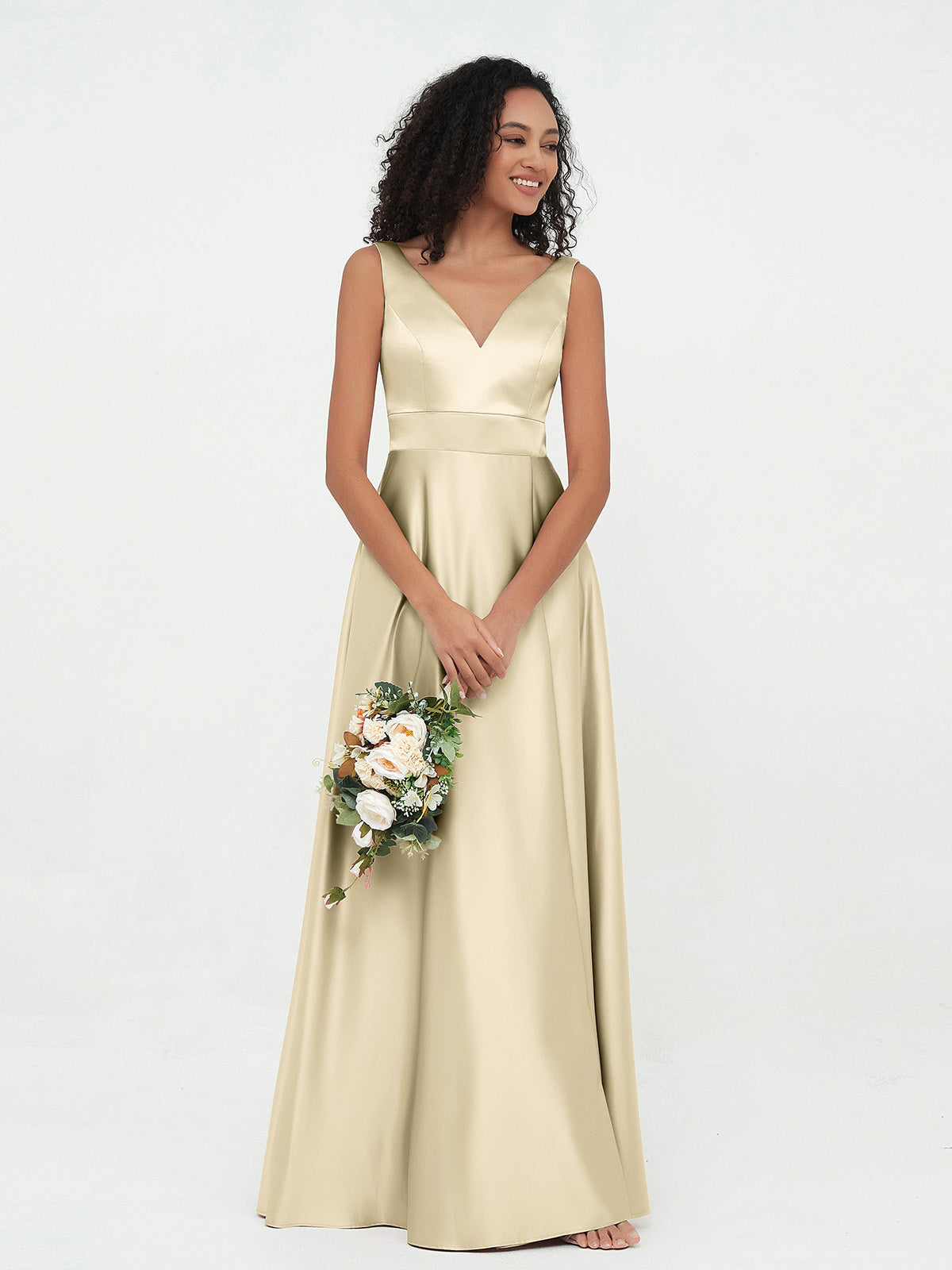 BABARONI Satin Champagne Bridesmaid Dresses A-line V-neck Sleeveless Floor-length BABARONI UK BABARONI Satin Champagne Bridesmaid Dresses A-line V-neck Sleeveless Floor-length BABARONI UK