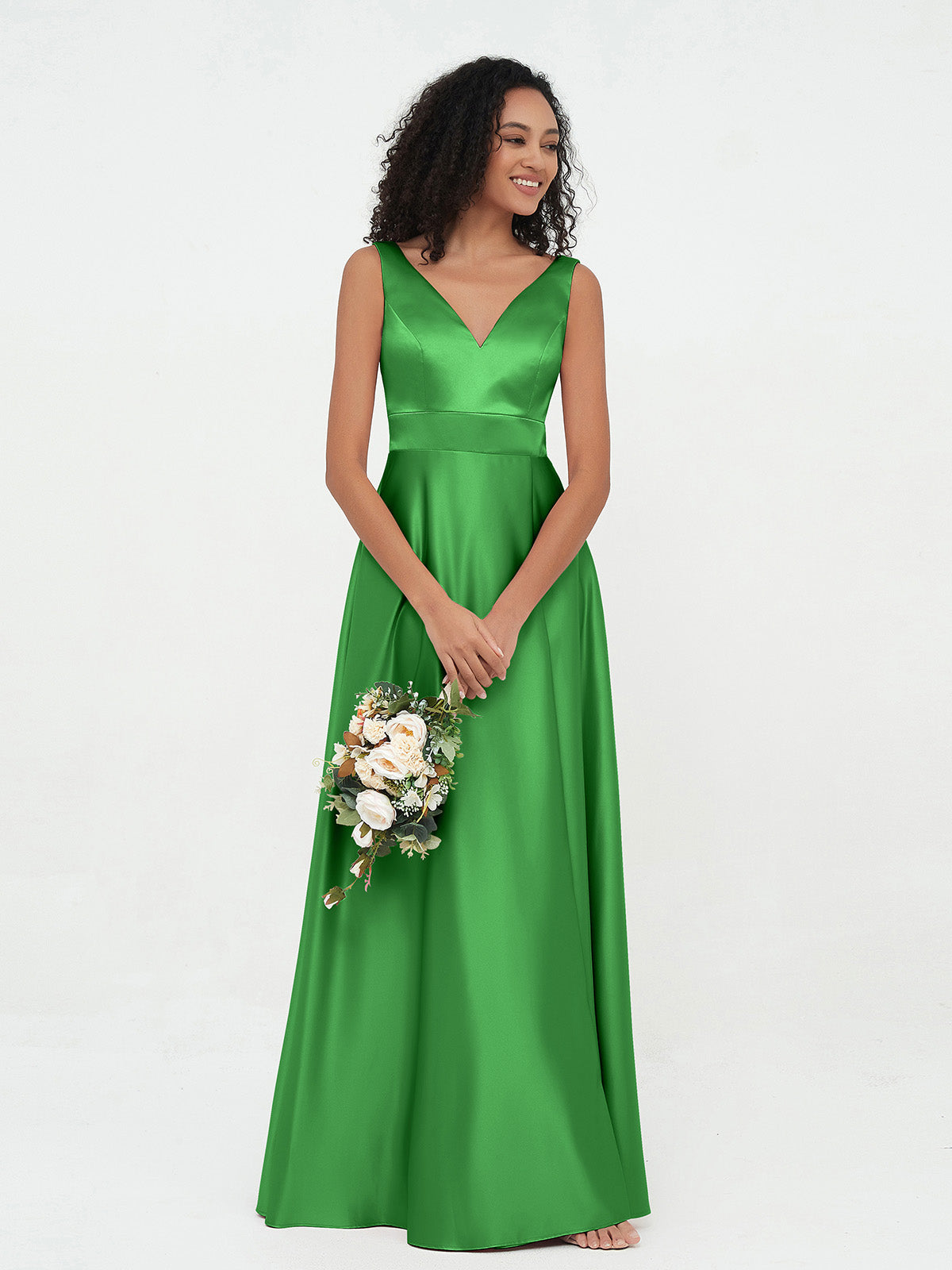 BABARONI Satin Green Bridesmaid Dresses A-line V-neck Sleeveless  Floor-length – BABARONI UK