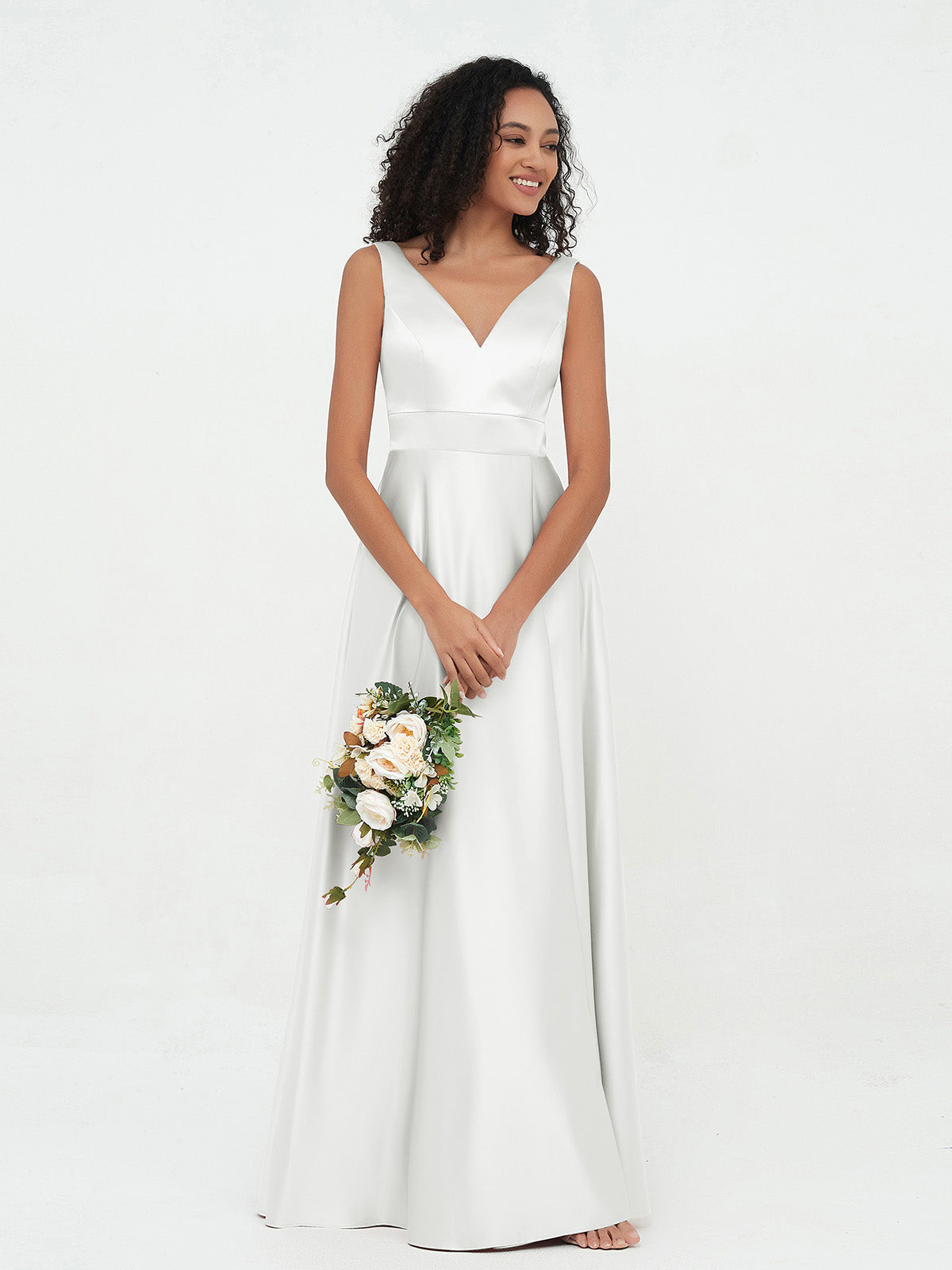A-line V-neck Long Satin Dresses with Pockets Olive Green