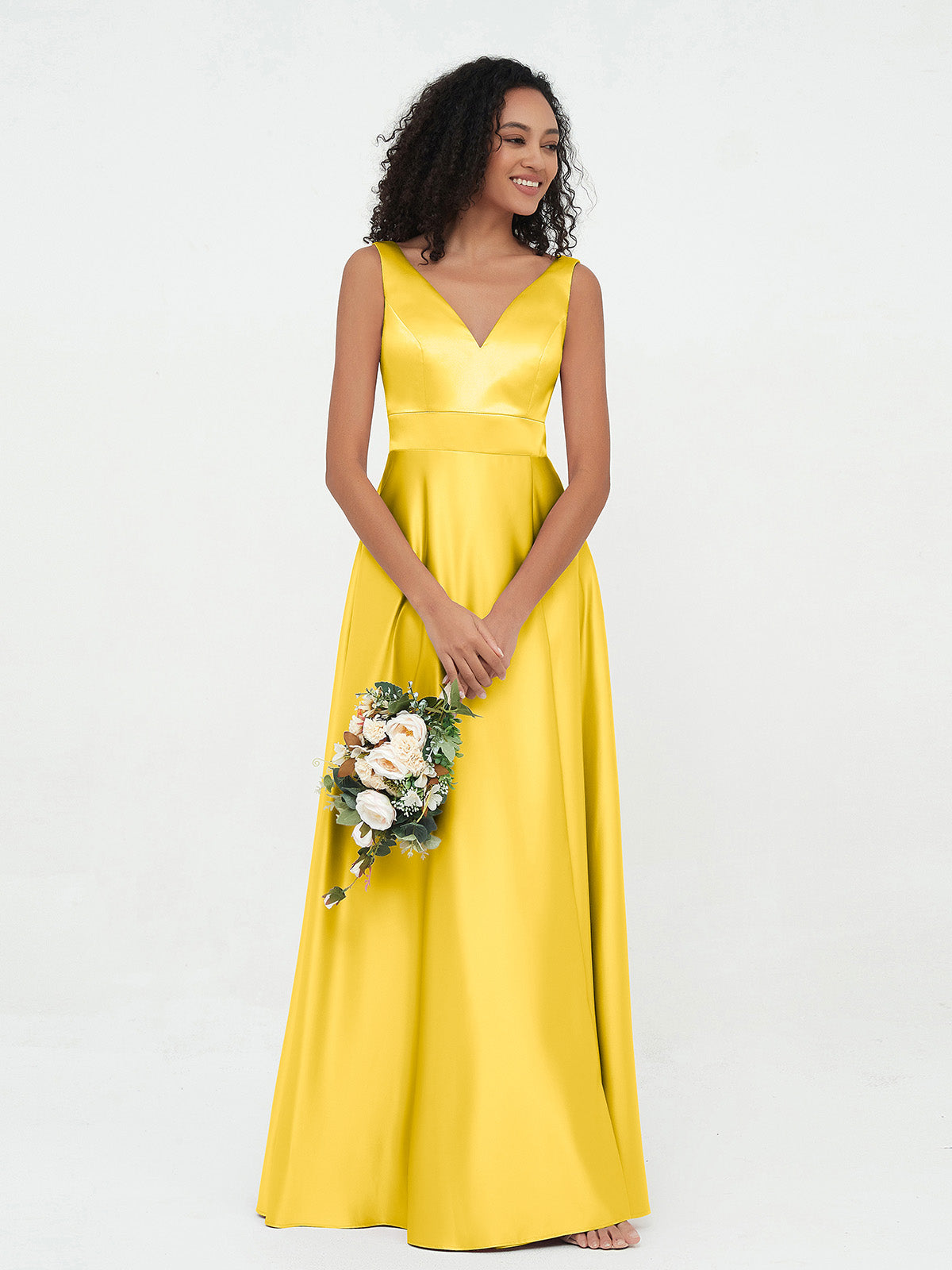 BABARONI Satin Marigold Bridesmaid Dresses A-line V-neck Sleeveless  Floor-length – BABARONI UK