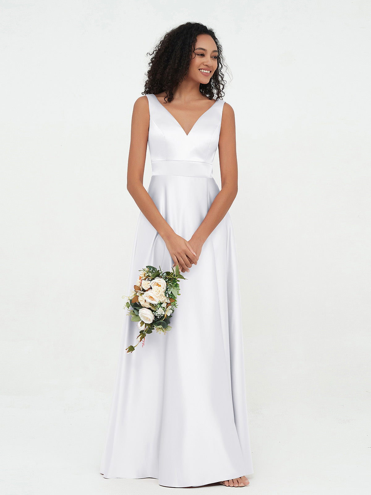 BABARONI Satin White Bridesmaid Dresses A-line V-neck Sleeveless  Floor-length  BABARONI UK